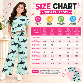 Girls Mint Green Shark Print Co-Ord Set with Crop Top & Wide Leg Pants