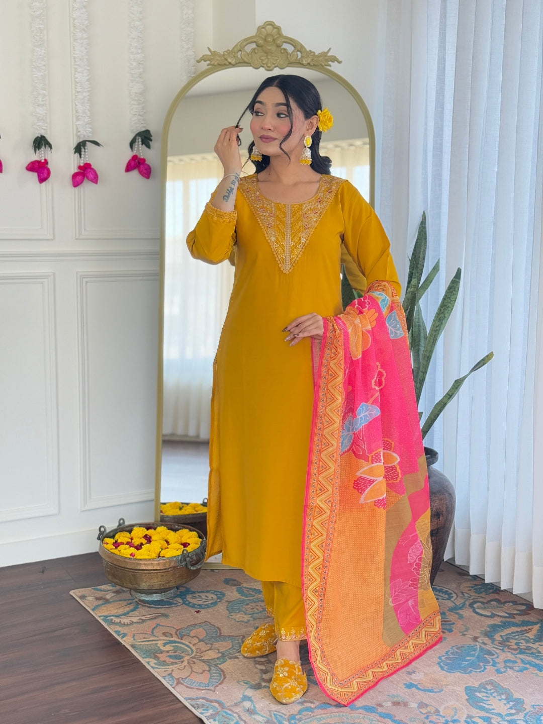 Mustard Yellow Embroidered Kurta Set with Printed Dupatta