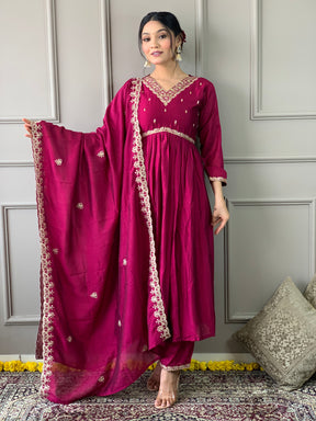Wine Embroidered Anarkali Kurta Set with Dupatta