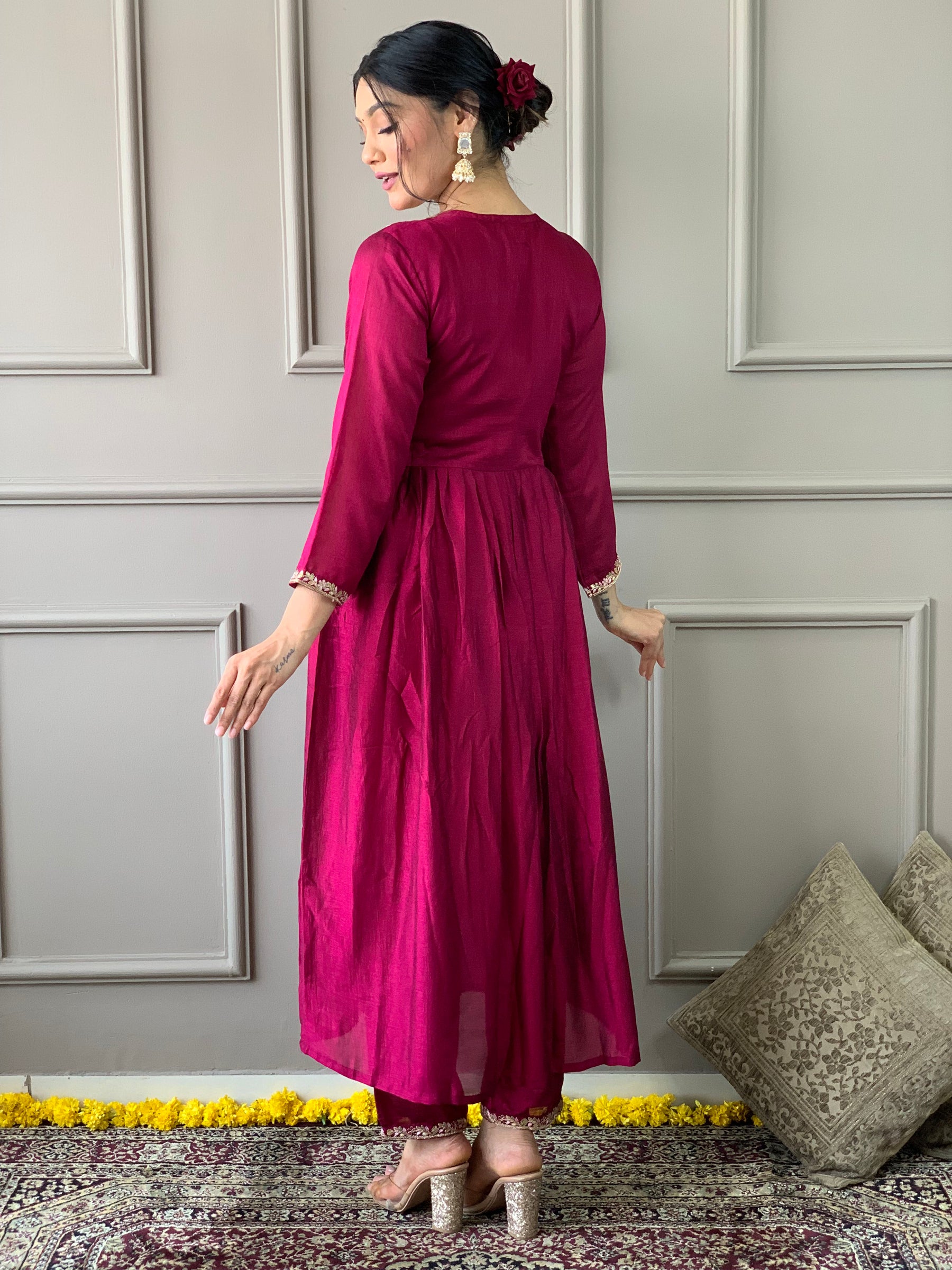 Wine Embroidered Anarkali Kurta Set with Dupatta