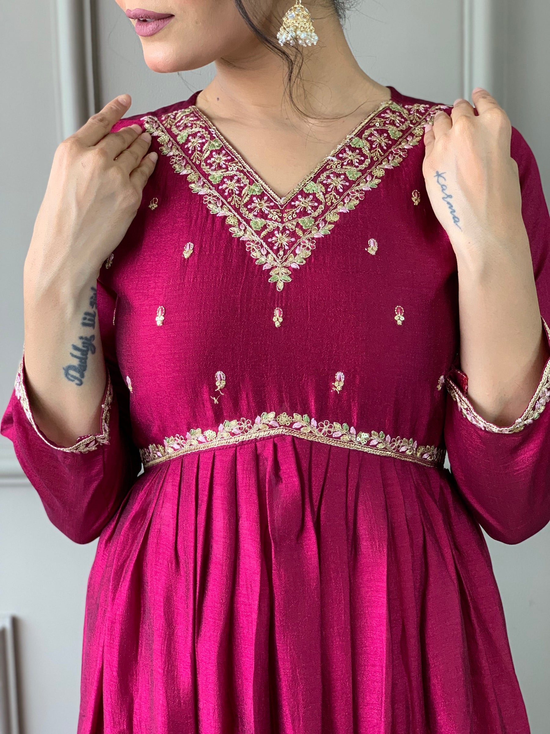 Wine Embroidered Anarkali Kurta Set with Dupatta
