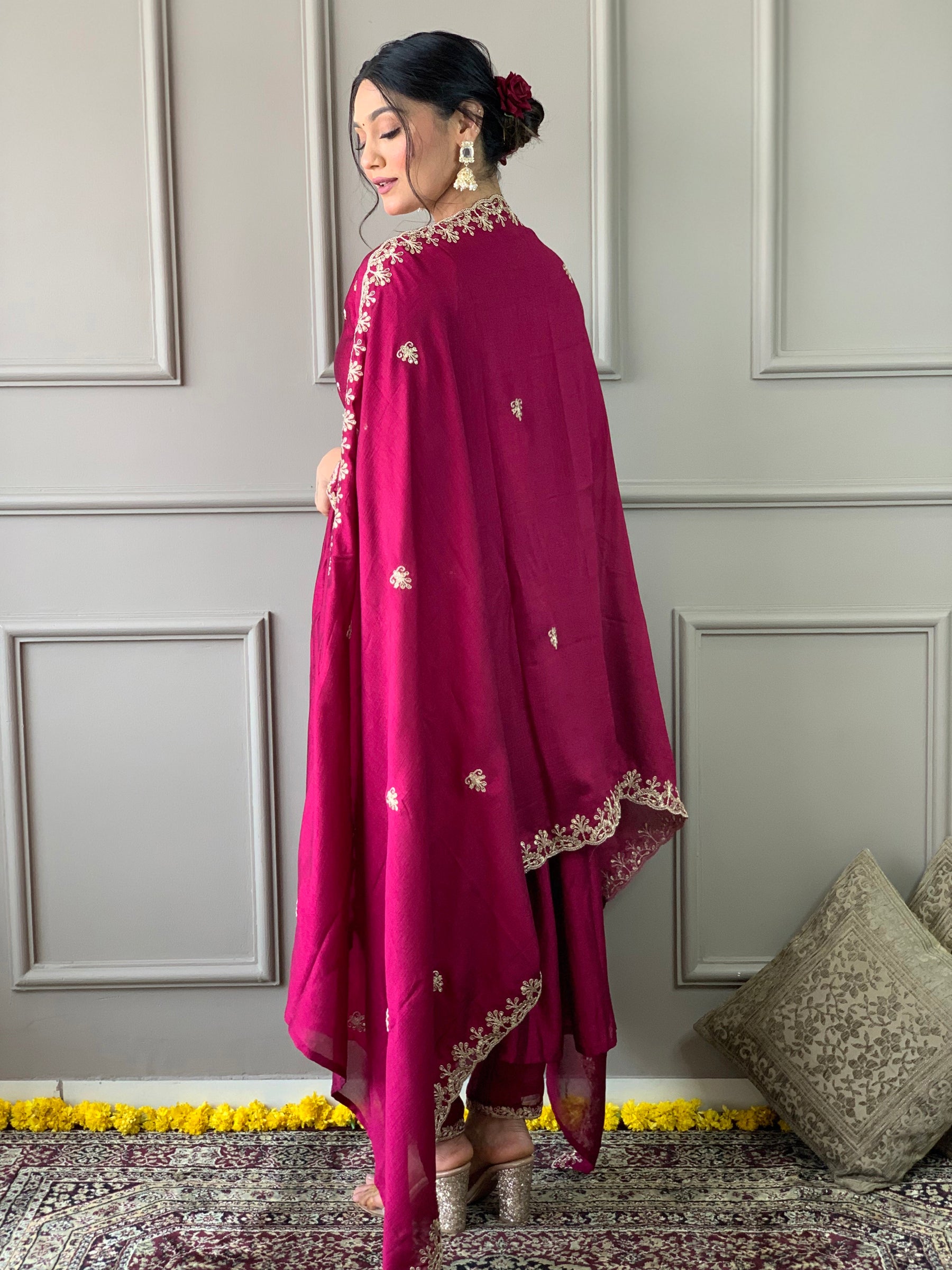 Wine Embroidered Anarkali Kurta Set with Dupatta