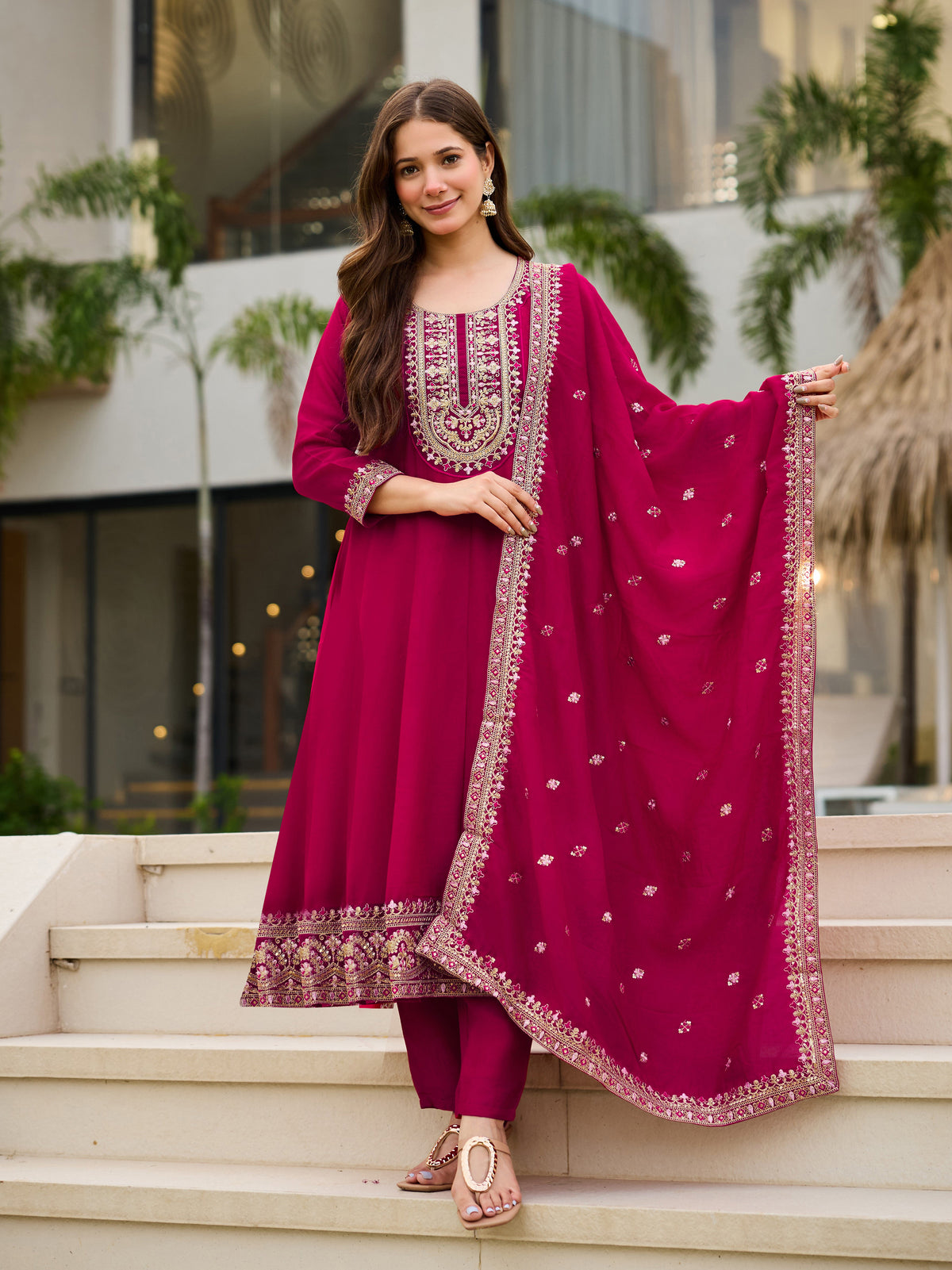 Rani Pink Embroidered Anarkali Suit Set for Women