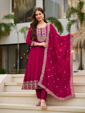 Rani Pink Embroidered Anarkali Suit Set for Women