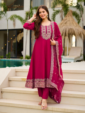 Rani Pink Embroidered Anarkali Suit Set for Women