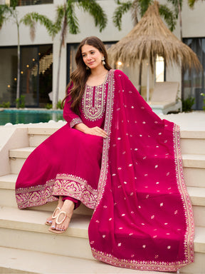 Rani Pink Embroidered Anarkali Suit Set for Women