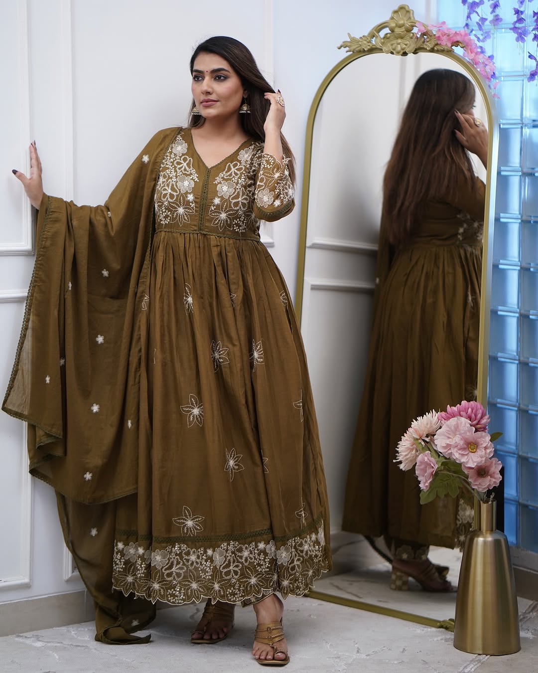 Olive Brown Embroidered Anarkali Suit Set for Women