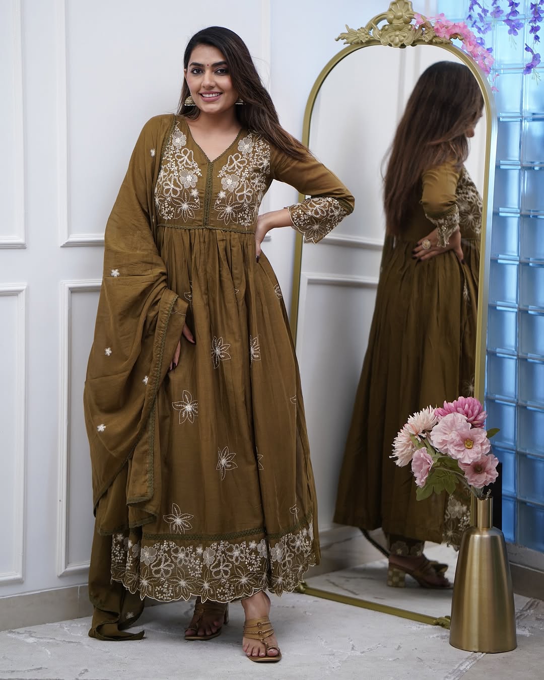 Olive Brown Embroidered Anarkali Suit Set for Women