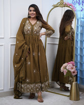 Olive Brown Embroidered Anarkali Suit Set for Women