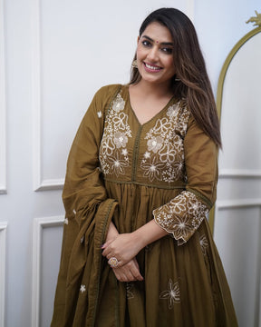 Olive Brown Embroidered Anarkali Suit Set for Women