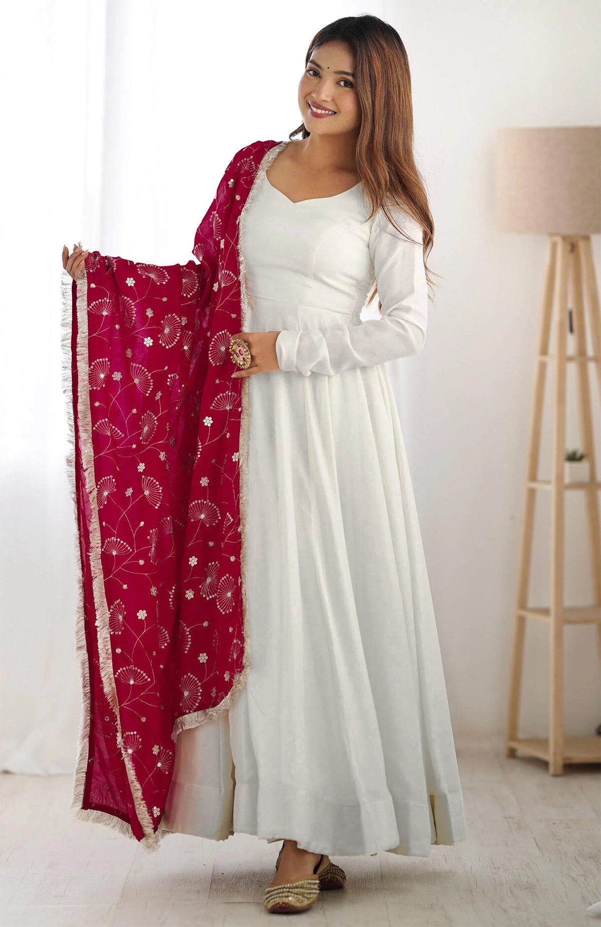 White Anarkali Gown with Red Embroidered Dupatta for Women