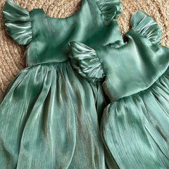 Green Silk Flared Sleeve Baby Frocks