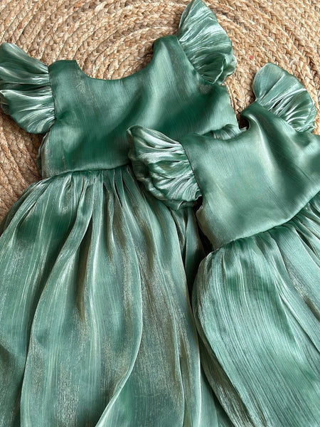 Green Silk Flared Sleeve Baby Frocks