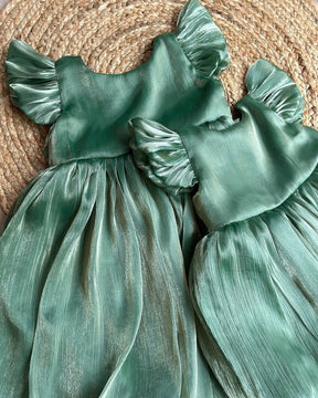 Green Silk Flared Sleeve Baby Frocks