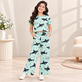 Girls Mint Green Shark Print Co-Ord Set with Crop Top & Wide Leg Pants