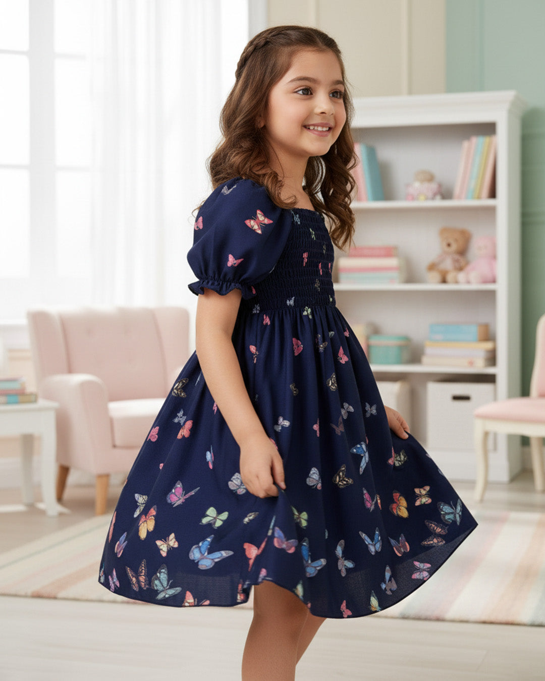 Girls Navy Blue Butterfly Print Puff Sleeve Party Dress