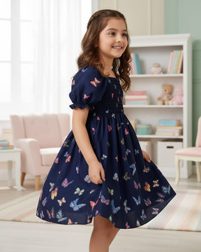 Girls Navy Blue Butterfly Print Puff Sleeve Party Dress