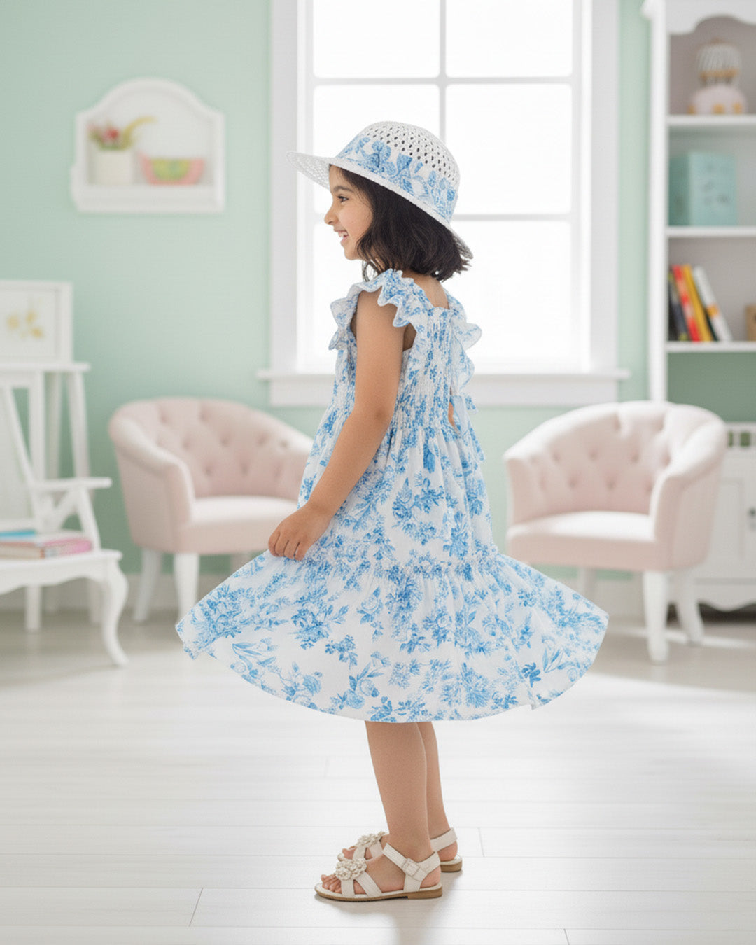 Glamgait White Floral Printed Flared Sleeve Girls Dress