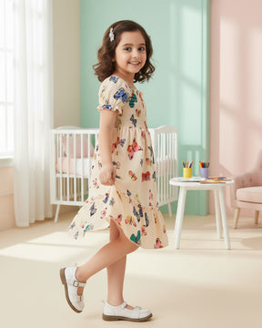 Glamgait Cream Color Butterfly Printed Short Sleeve Kids Dress