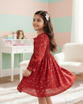 Girls Maroon Floral Long-Sleeve Smocked Cotton Dress – Elegant Party & Casual Wear