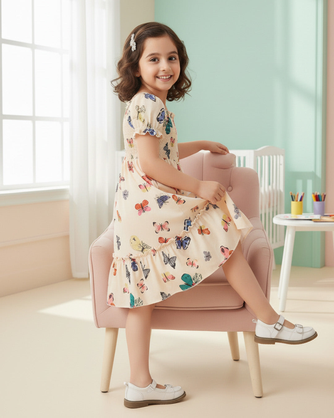 Glamgait Cream Color Butterfly Printed Short Sleeve Kids Dress
