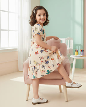 Glamgait Cream Color Butterfly Printed Short Sleeve Kids Dress