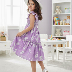 Girls Lavender Daisy Print Ruffle Sleeve Party Dress