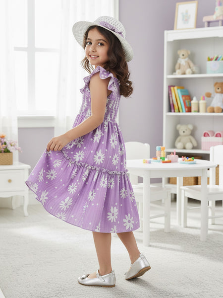 Girls Lavender Daisy Print Ruffle Sleeve Party Dress