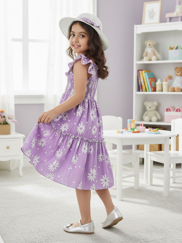 Girls Lavender Daisy Print Ruffle Sleeve Party Dress
