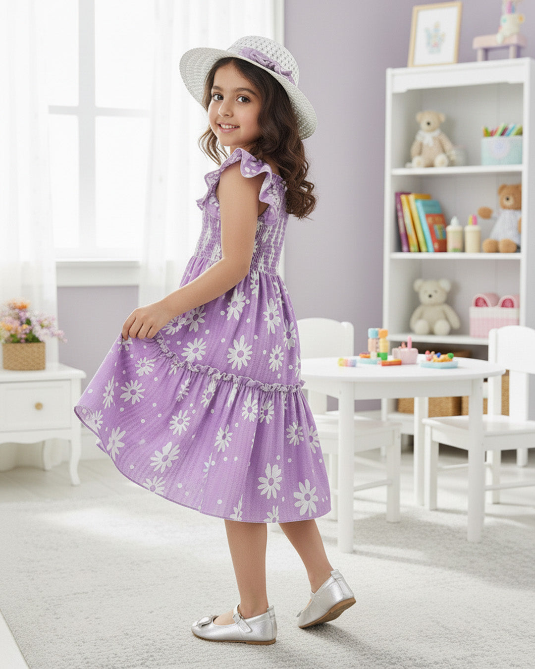 Girls Lavender Daisy Print Ruffle Sleeve Party Dress