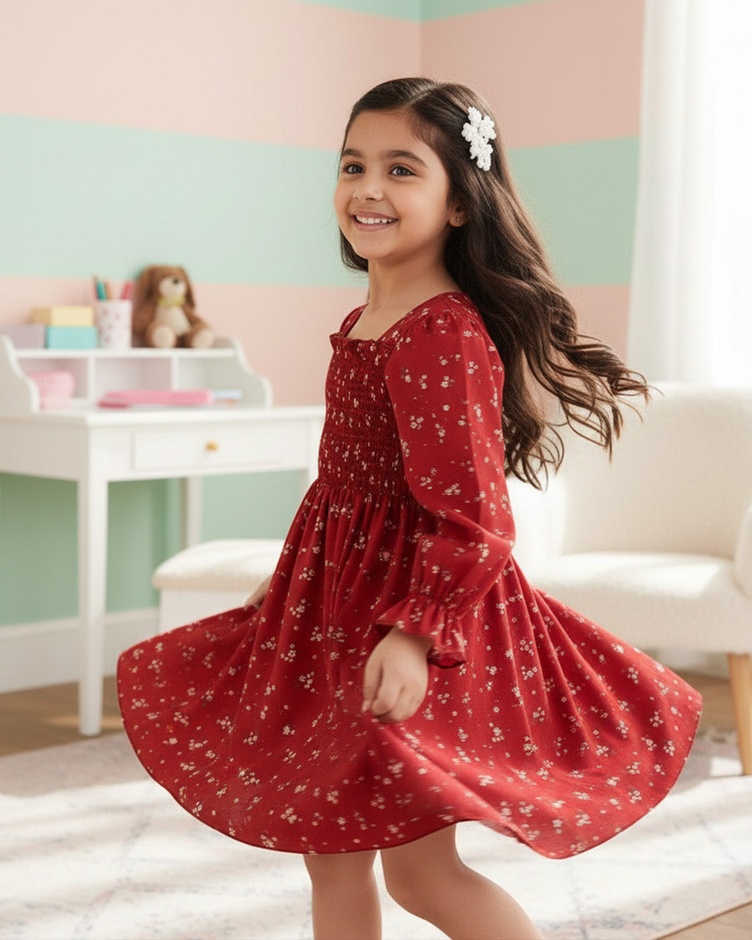 Girls Maroon Floral Long-Sleeve Smocked Cotton Dress – Elegant Party & Casual Wear