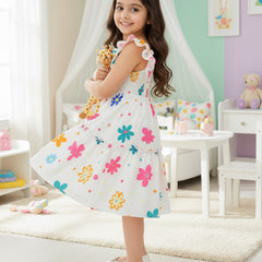 Girls White Floral Print Ruffle Sleeve Party Dress