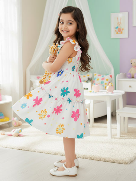 Girls White Floral Print Ruffle Sleeve Party Dress