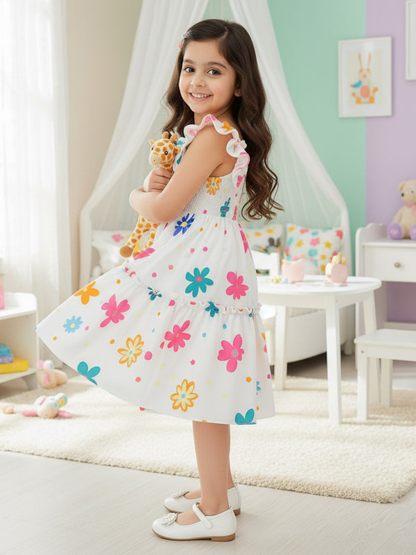 Girls White Floral Print Ruffle Sleeve Party Dress