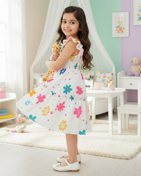 Girls White Floral Print Ruffle Sleeve Party Dress