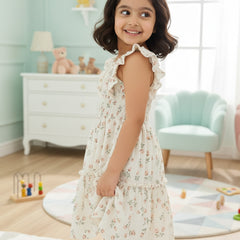 Girls Cream Floral Print Ruffle Sleeve Party Dress