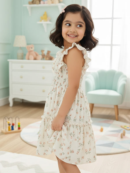 Girls Cream Floral Print Ruffle Sleeve Party Dress