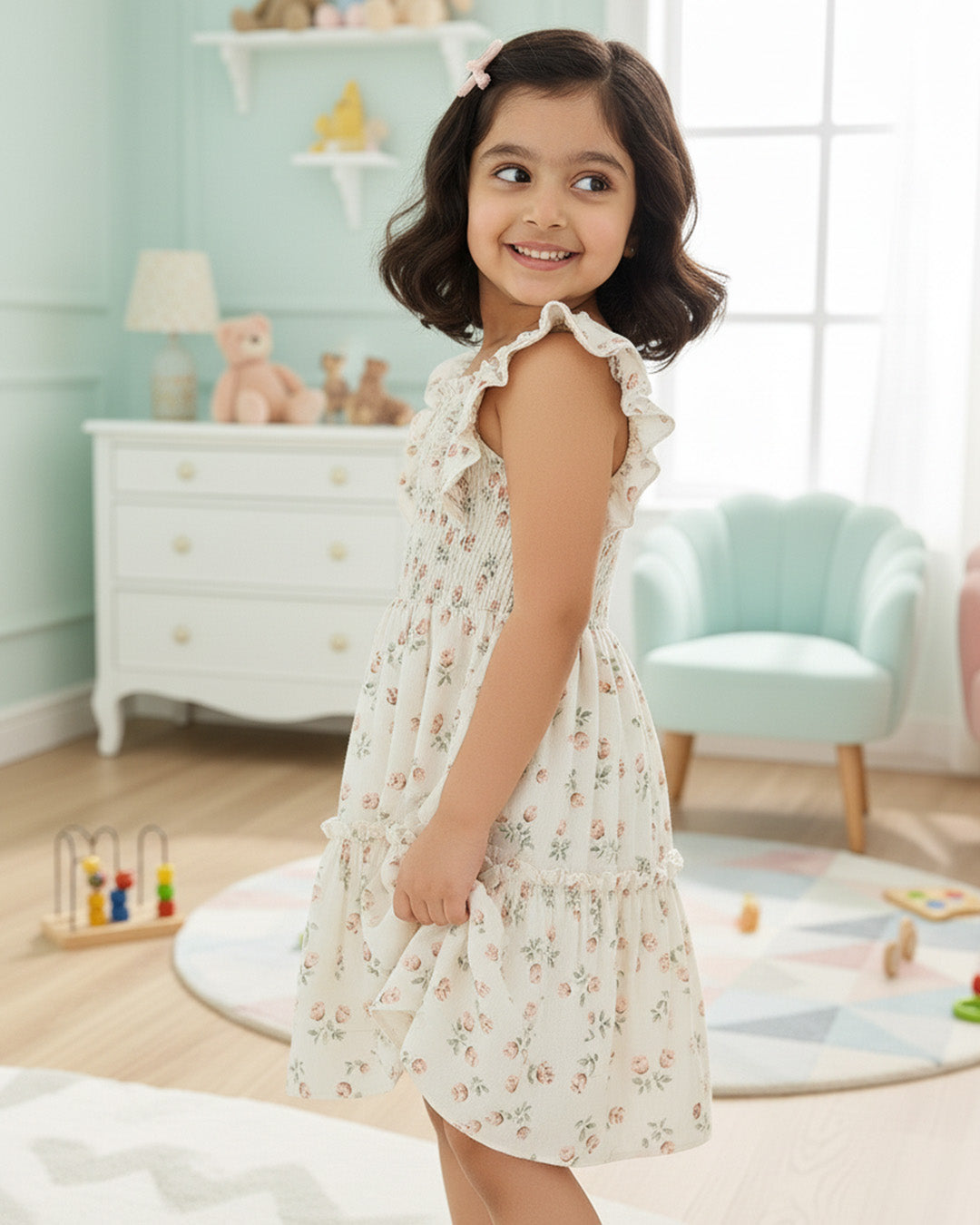 Girls Cream Floral Print Ruffle Sleeve Party Dress