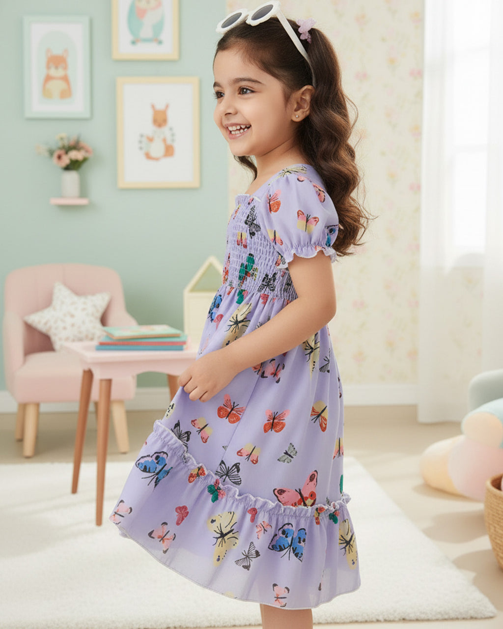 Glamgait Purple Color Butterfly Printed Short Sleeve Kids Dress