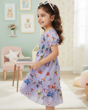 Glamgait Purple Color Butterfly Printed Short Sleeve Kids Dress
