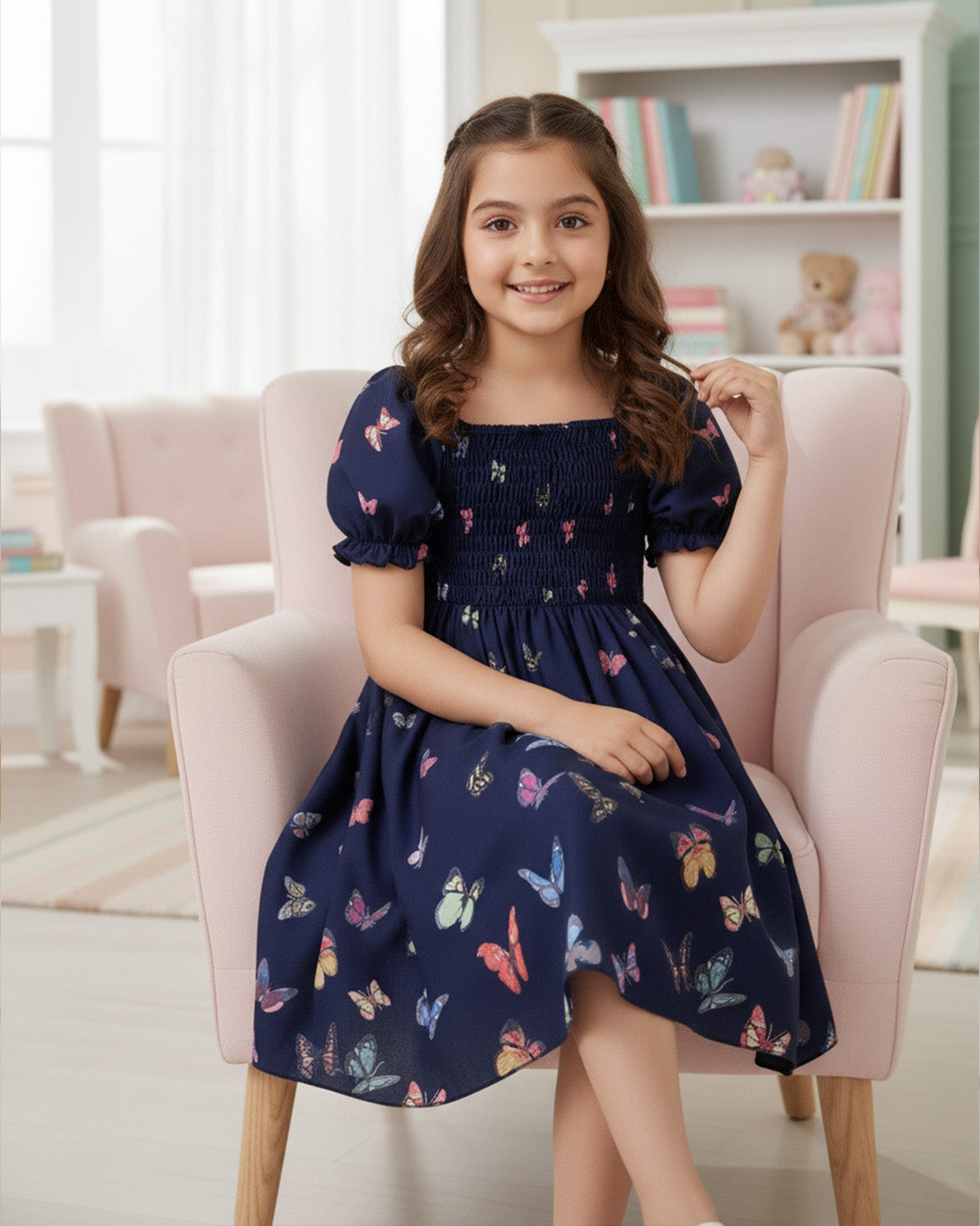 Girls Navy Blue Butterfly Print Puff Sleeve Party Dress