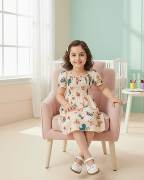 Glamgait Cream Color Butterfly Printed Short Sleeve Kids Dress