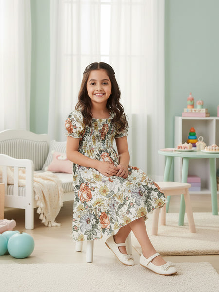 Girls Vintage Floral Puff-Sleeve Smocked Cotton Dress with Ruffle Hem