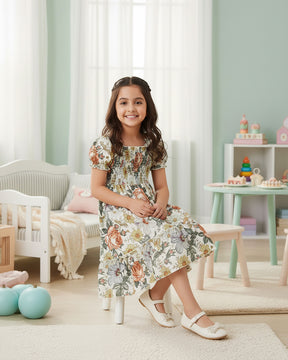 Girls Vintage Floral Puff-Sleeve Smocked Cotton Dress with Ruffle Hem