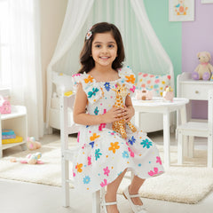 Girls White Floral Print Ruffle Sleeve Party Dress