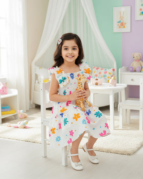 Girls White Floral Print Ruffle Sleeve Party Dress