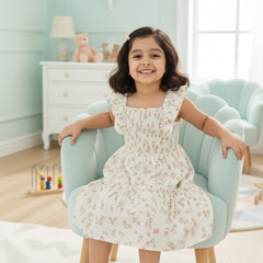 Girls Cream Floral Print Ruffle Sleeve Party Dress