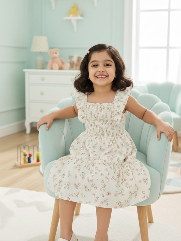 Girls Cream Floral Print Ruffle Sleeve Party Dress