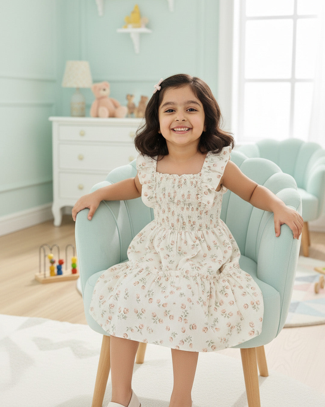 Girls Cream Floral Print Ruffle Sleeve Party Dress