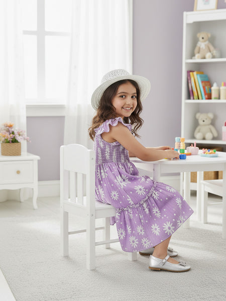 Girls Lavender Daisy Print Ruffle Sleeve Party Dress